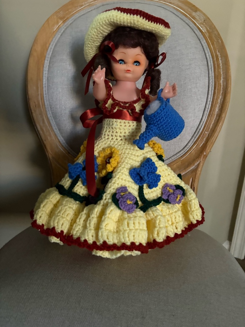 Yellow Crochet Floral Doll Dress and Hat with Blue Purse